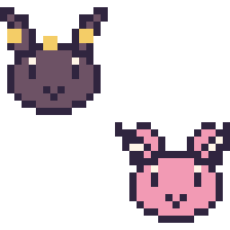 Pixel art Noctali mini et Écrémeuh mini, grille 32 × 32