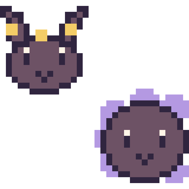 Modèle de pixel art Noctali mini et Fantominus mini sur une grille de 32 par 32 cases