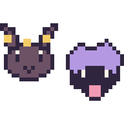 Pixel art Noctali mini et Kokiyas mini, grille 32 × 32