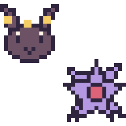Pixel art Noctali mini et Staross mini, grille 32 × 32