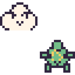 Pixel art Nuage kawaii 16 × 16 et Tortue kawaii 16 × 16, grille 32 × 32