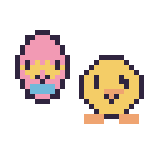 Modèle de pixel art Œuf de Pâques kawaii 16 × 16 et Poussin kawaii 16 × 16 sur une grille de 32 par 32 cases