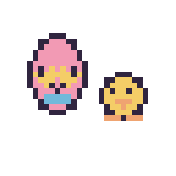Pixel art Œuf de Pâques kawaii 16 × 16 et Poussin simple 10 × 10, grille 32 × 32