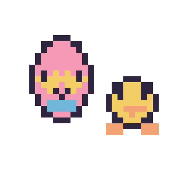 Modèle de pixel art Œuf de Pâques kawaii 16 × 16 et Poussin simple 12 × 12 sur une grille de 32 par 32 cases