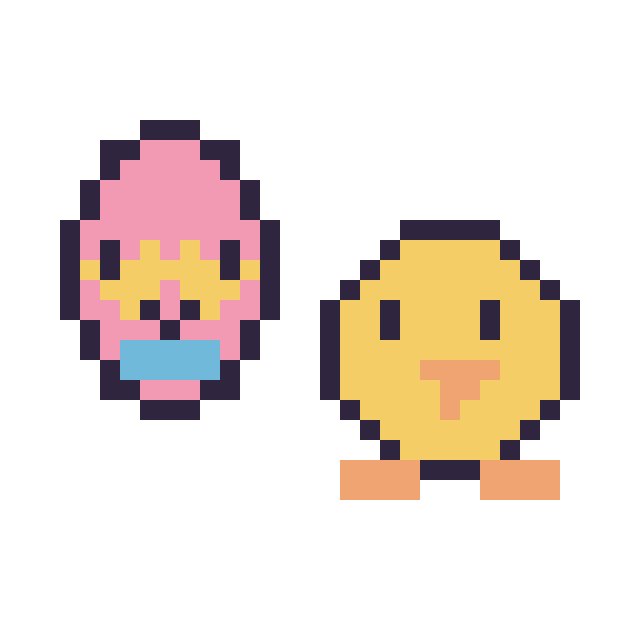 Modèle de pixel art Œuf de Pâques kawaii 16 × 16 et Poussin simple 16 × 16 sur une grille de 32 par 32 cases