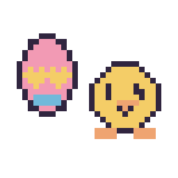 Pixel art Œuf de Pâques simple 16 × 16 et Poussin kawaii 16 × 16, grille 32 × 32