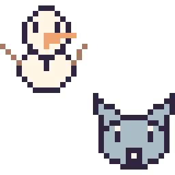 Pixel art Olaf mini et Bourriquet mini, grille 32 × 32