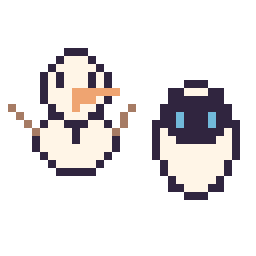 Pixel art Olaf mini et EVE mini, grille 32 × 32