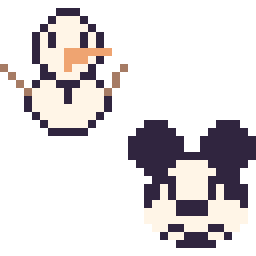 Pixel art Olaf mini et Mickey mini, grille 32 × 32