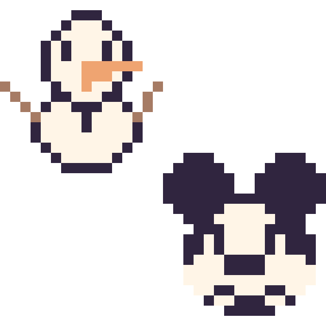 Modèle de pixel art Olaf mini et Mickey mini sur une grille de 32 par 32 cases