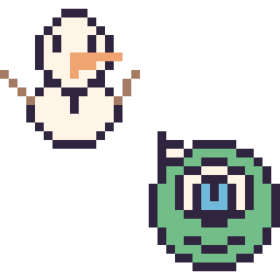 Pixel art Olaf mini et Bob Razowski mini, grille 32 × 32