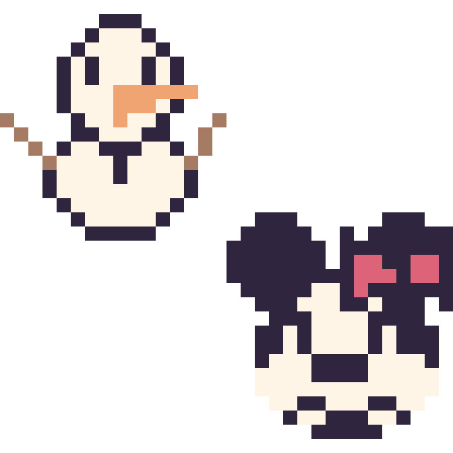 Modèle de pixel art Olaf mini et Minnie mini sur une grille de 32 par 32 cases