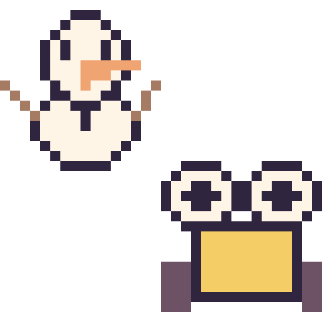 Modèle de pixel art Olaf mini et Wall-E mini sur une grille de 32 par 32 cases