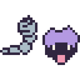 Pixel art Onix mini et Kokiyas mini, grille 32 × 32