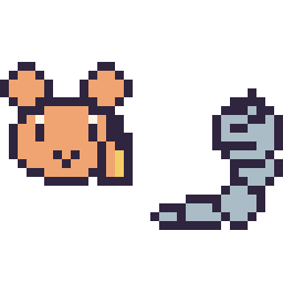 Pixel art Ouisticram mini et Onix mini, grille 32 × 32