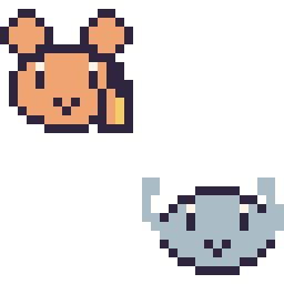 Pixel art Ouisticram mini et Racaillou mini, grille 32 × 32