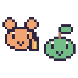 Pixel art Ouisticram mini et Tortipouss mini, grille 32 × 32