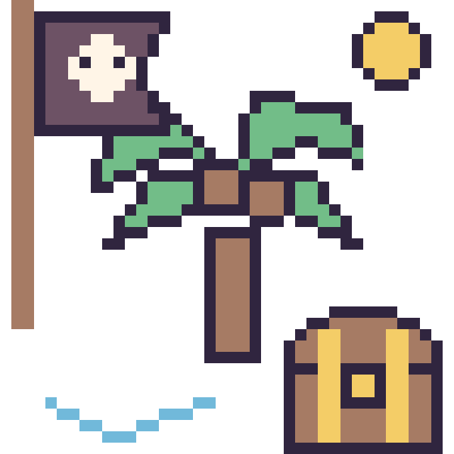Modèle de pixel art Palmier en aventure pirate sur une grille de 40 par 40 cases
