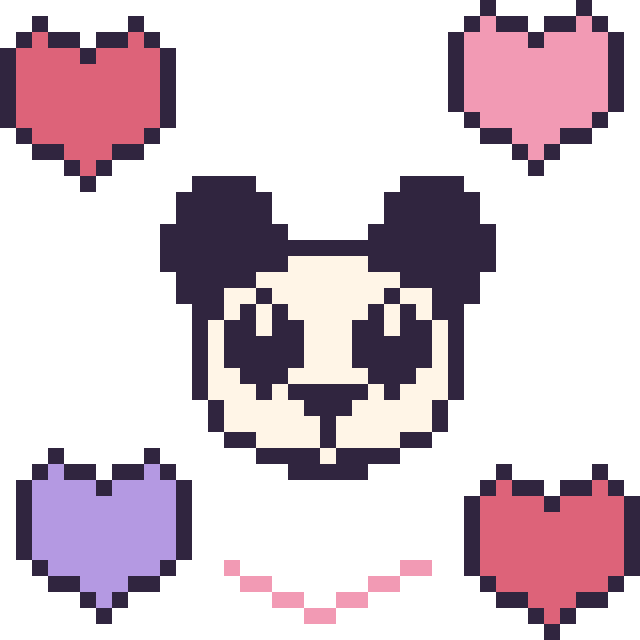 Modèle de pixel art Panda avec des cœurs sur une grille de 40 par 40 cases