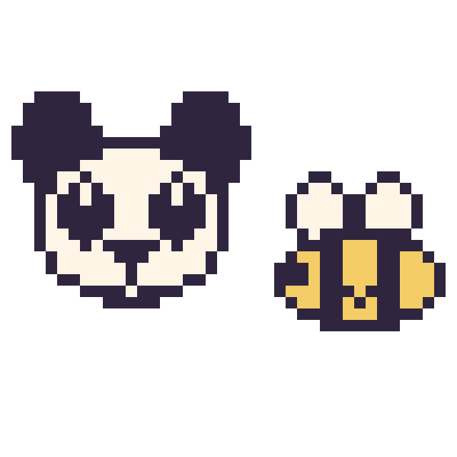 Modèle de pixel art Panda et Abeille kawaii 16 × 16 sur une grille de 40 par 40 cases