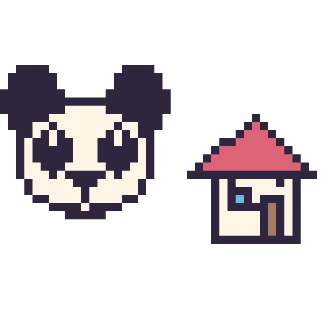 Modèle de pixel art Panda et Maison kawaii 16 × 16 sur une grille de 40 par 40 cases