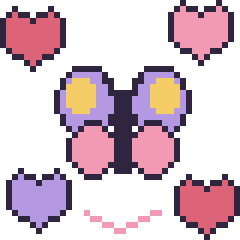 Pixel art Papillon avec des cœurs, grille 40 × 40