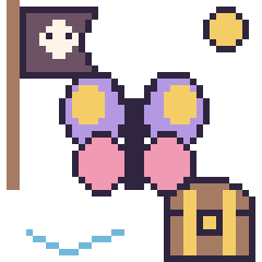 Pixel art Papillon en aventure pirate, grille 40 × 40