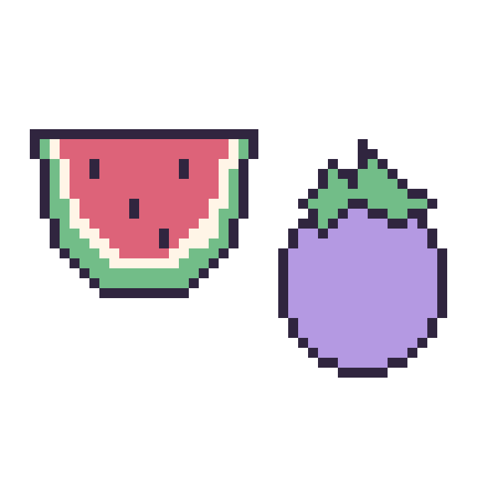 Modèle de pixel art Pastèque et Aubergine sur une grille de 48 par 48 cases