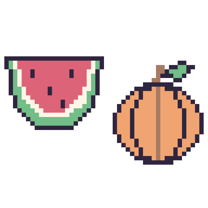 Modèle de pixel art Pastèque et Citrouille sur une grille de 48 par 48 cases