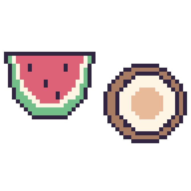 Modèle de pixel art Pastèque et Noix de coco sur une grille de 48 par 48 cases