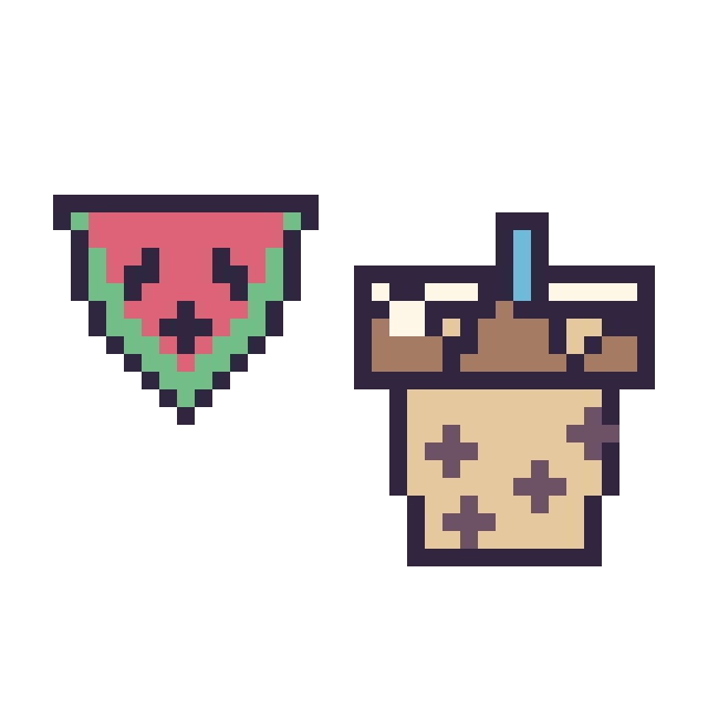 Modèle de pixel art Pastèque kawaii 16 × 16 et Boba au chocolat sur une grille de 40 par 40 cases
