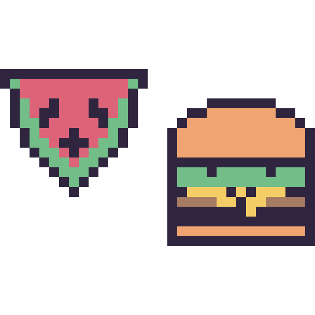 Modèle de pixel art Pastèque kawaii 16 × 16 et Burger kawaii 16 × 16 sur une grille de 32 par 32 cases