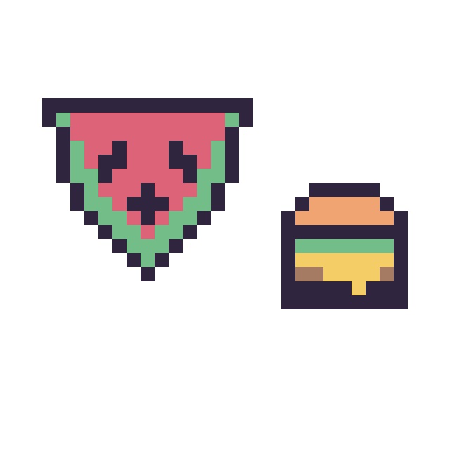 Modèle de pixel art Pastèque kawaii 16 × 16 et Burger simple 10 × 10 sur une grille de 32 par 32 cases