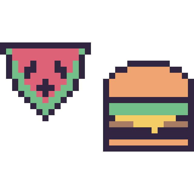 Modèle de pixel art Pastèque kawaii 16 × 16 et Burger simple 16 × 16 sur une grille de 32 par 32 cases