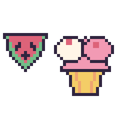 Pixel art Pastèque kawaii 16 × 16 et Cupcake double garniture, grille 40 × 40