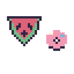 Pixel art Pastèque kawaii 16 × 16 et Donut simple 10 × 10, grille 32 × 32