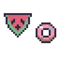 Pixel art Pastèque kawaii 16 × 16 et Donut simple 12 × 12, grille 32 × 32