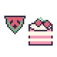 Pixel art Pastèque kawaii 16 × 16 et Gâteau avec des cerises, grille 40 × 40