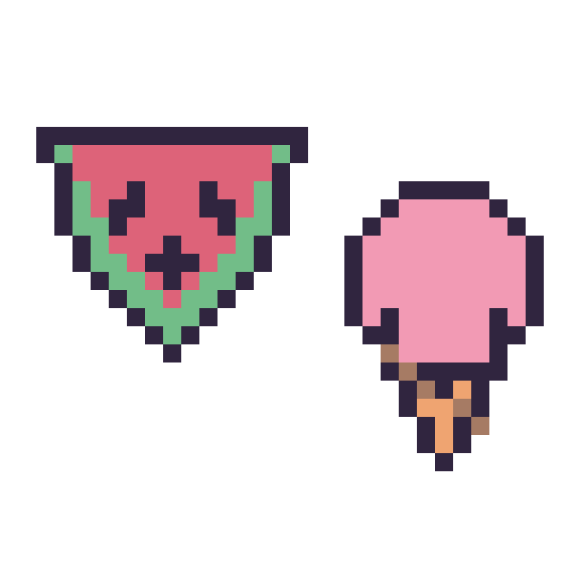 Modèle de pixel art Pastèque kawaii 16 × 16 et Glace kawaii 16 × 16 sur une grille de 32 par 32 cases