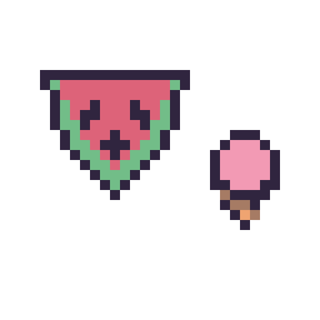 Modèle de pixel art Pastèque kawaii 16 × 16 et Glace simple 10 × 10 sur une grille de 32 par 32 cases