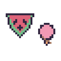 Pixel art Pastèque kawaii 16 × 16 et Glace simple 12 × 12, grille 32 × 32