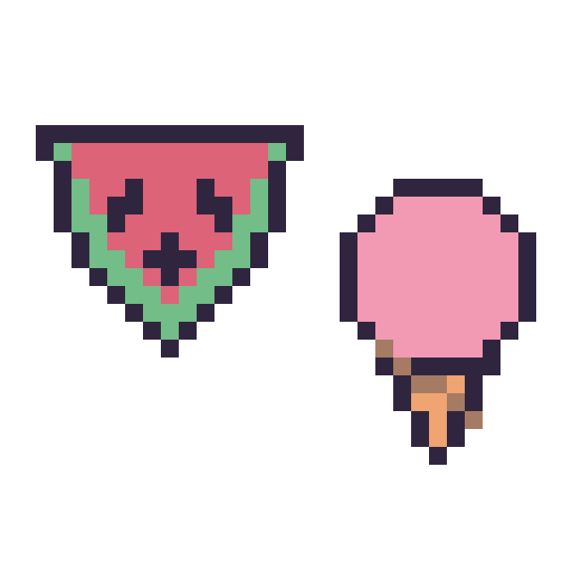 Modèle de pixel art Pastèque kawaii 16 × 16 et Glace simple 16 × 16 sur une grille de 32 par 32 cases