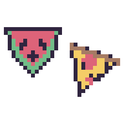 Pixel art Pastèque kawaii 16 × 16 et Pizza kawaii 16 × 16, grille 32 × 32