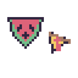 Pixel art Pastèque kawaii 16 × 16 et Pizza simple 10 × 10, grille 32 × 32