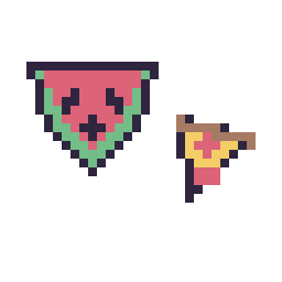 Pixel art Pastèque kawaii 16 × 16 et Pizza simple 12 × 12, grille 32 × 32