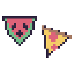 Pixel art Pastèque kawaii 16 × 16 et Pizza simple 16 × 16, grille 32 × 32