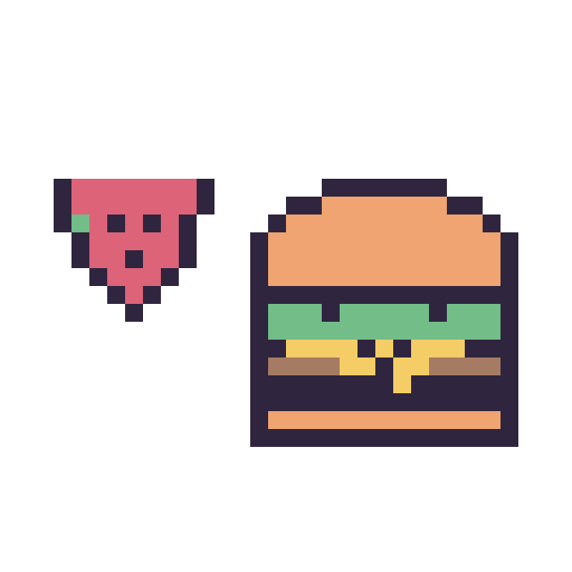 Modèle de pixel art Pastèque simple 10 × 10 et Burger kawaii 16 × 16 sur une grille de 32 par 32 cases
