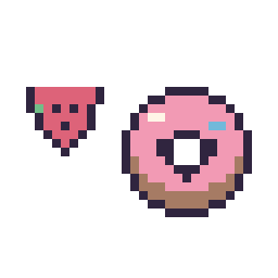 Pixel art Pastèque simple 10 × 10 et Donut kawaii 16 × 16, grille 32 × 32