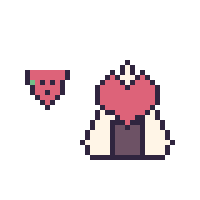 Modèle de pixel art Pastèque simple 10 × 10 et Onigiri avec un cœur sur une grille de 40 par 40 cases