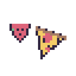 Pixel art Pastèque simple 10 × 10 et Pizza kawaii 16 × 16, grille 32 × 32